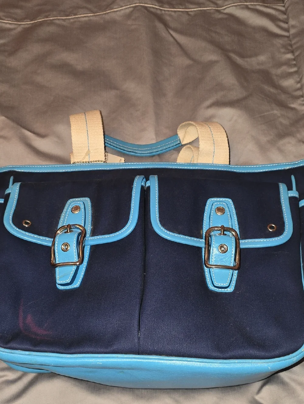 NWT Coach Twill Garden Tote with Light Blue Trim and Cream Handles‎